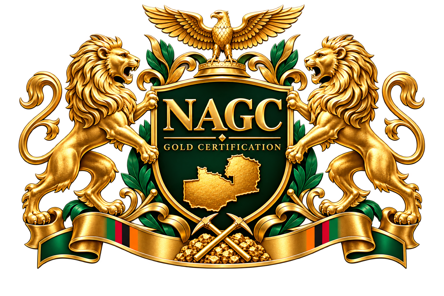 NAGC Gold Certification crest with two gold lions, an eagle and a gold Zambia silhouette